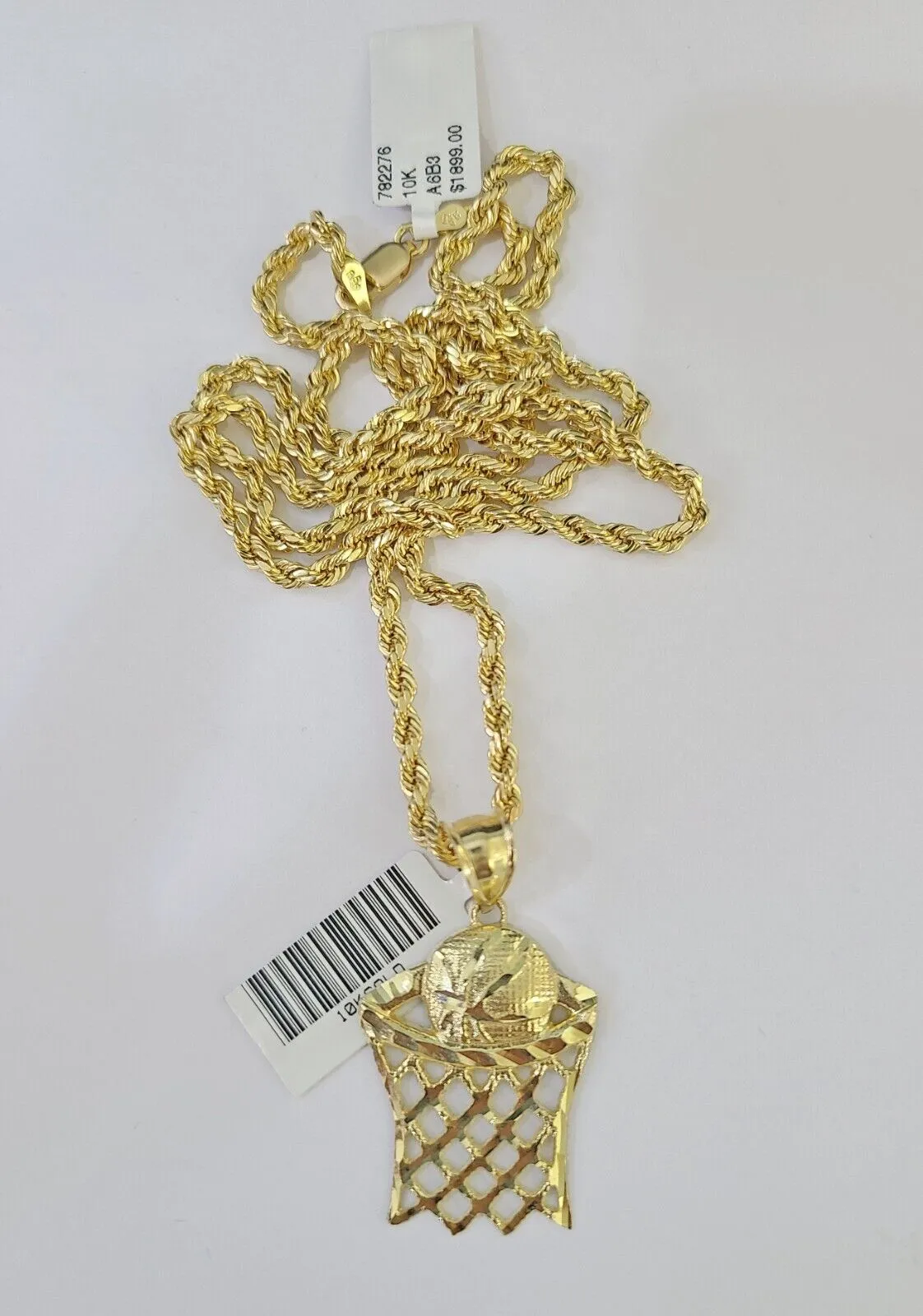 10k Gold Basketball Goal Pendant Rope Chain 3mm 26'' Necklace Set Yellow Genuine