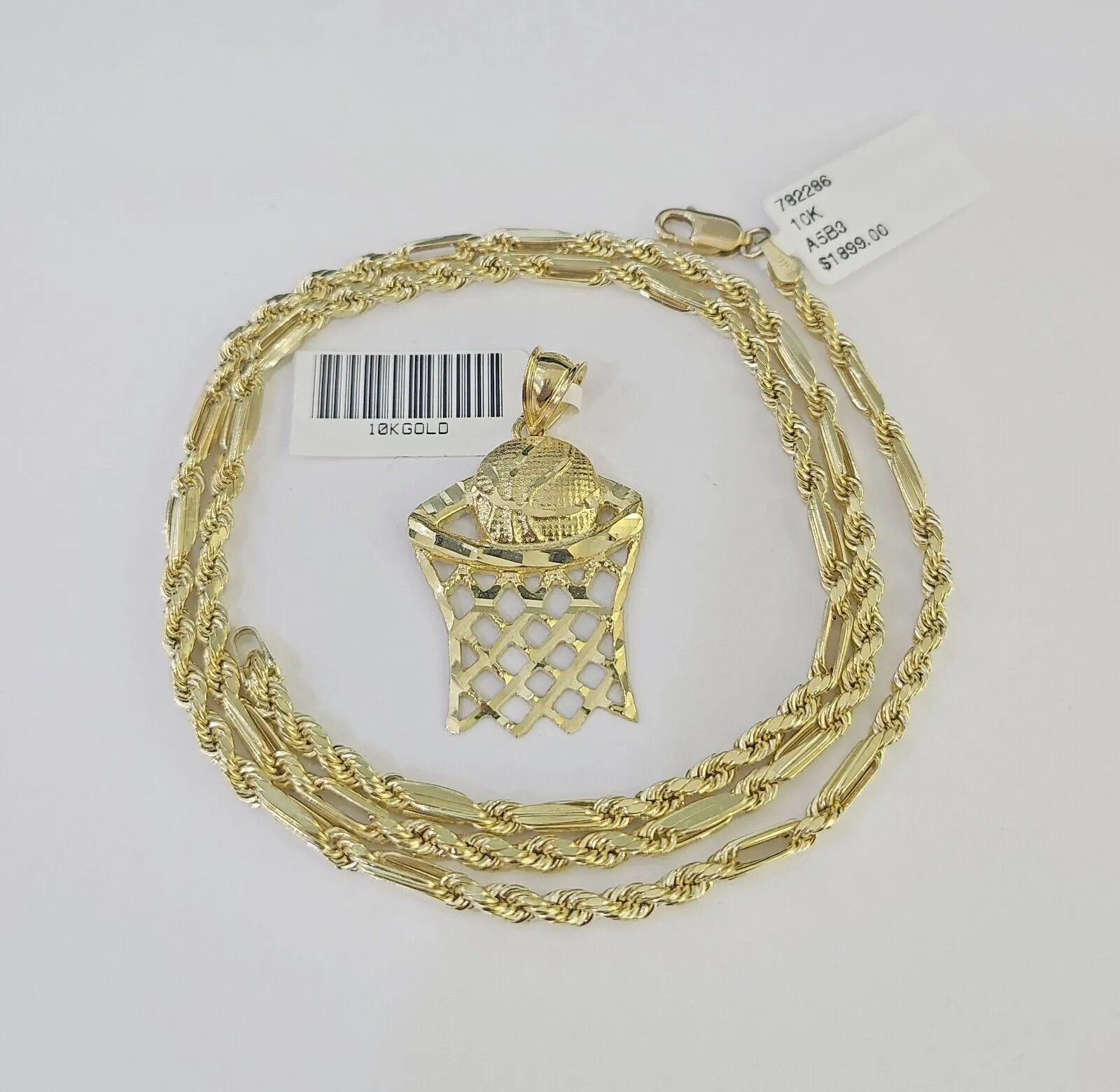 10k Milano Rope Chain Basketball Goal Charm Necklace SET 3mm 18" 20" 22" 24"