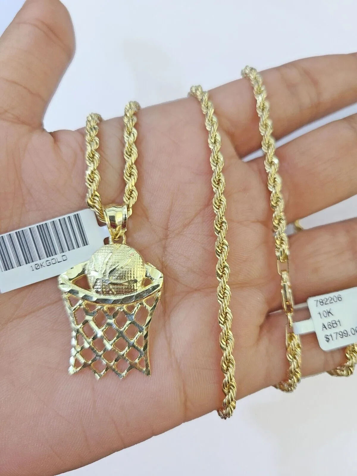 10k Real Gold Basketball Goal Pendant with 3mm 22'' Rope Chain Necklace Set