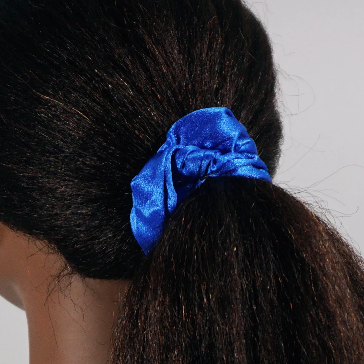 Amelia Beauty Products, Blue Imitation Silk Scrunchies, 4.5in Diameter, Gentle on Hair, Strong Hold, No Snag, No Dents or Creases. 6 Pack