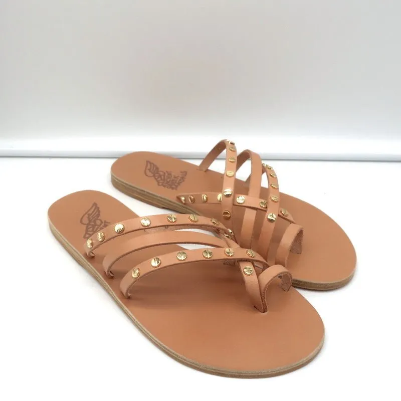 Ancient Greek Sandals Apli Amalia Nails Slide Sandals Beige Leather Size 38 NEW