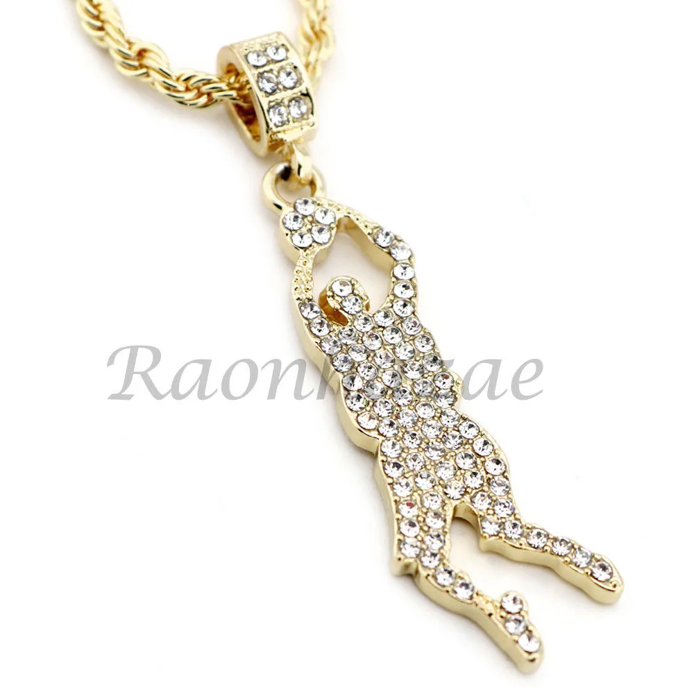 BASKETBALL PLAYER PENDANT DIAMOND CUT 30" CUBAN ROPE CHAIN NECKLACE G34