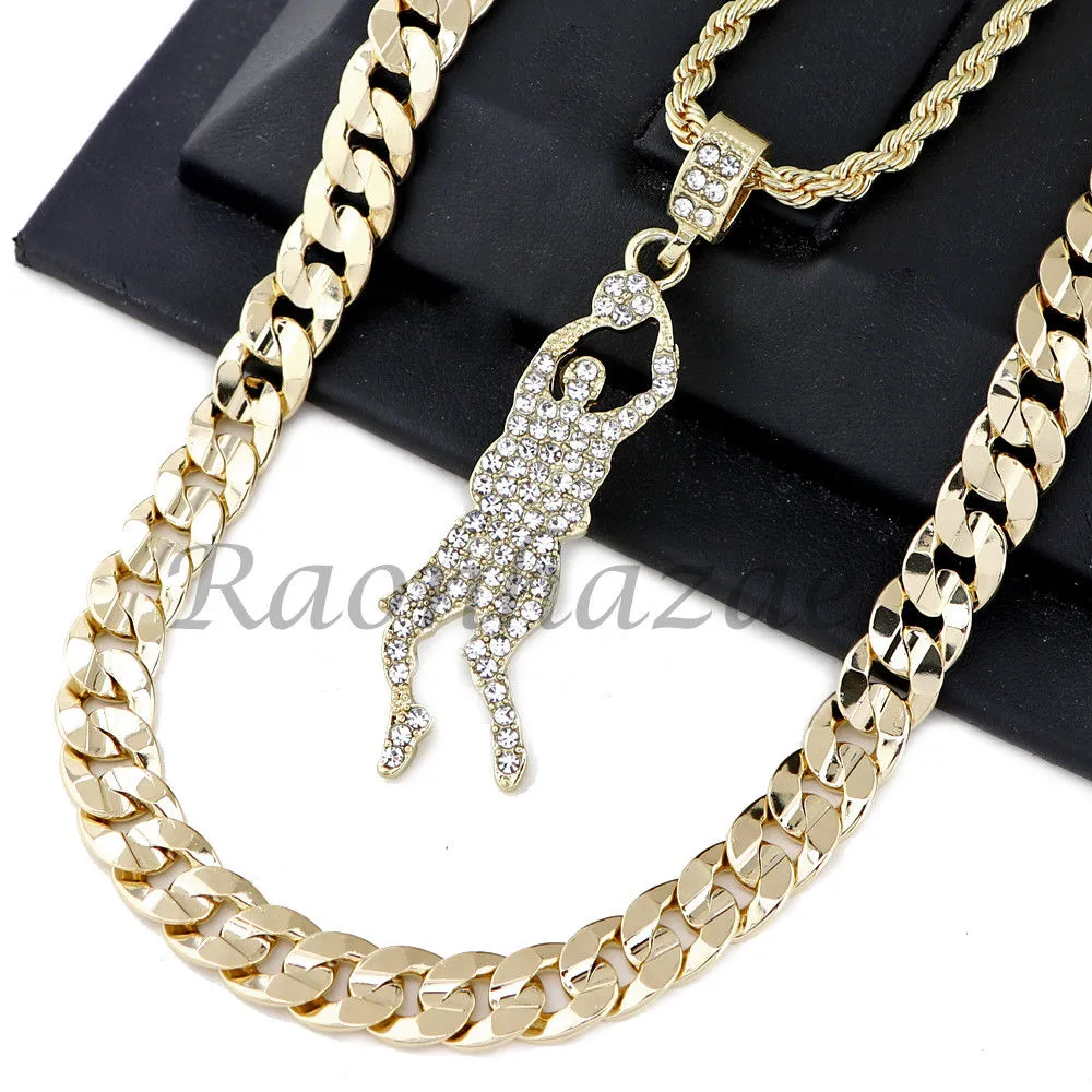 BASKETBALL PLAYER PENDANT DIAMOND CUT 30" CUBAN ROPE CHAIN NECKLACE G34