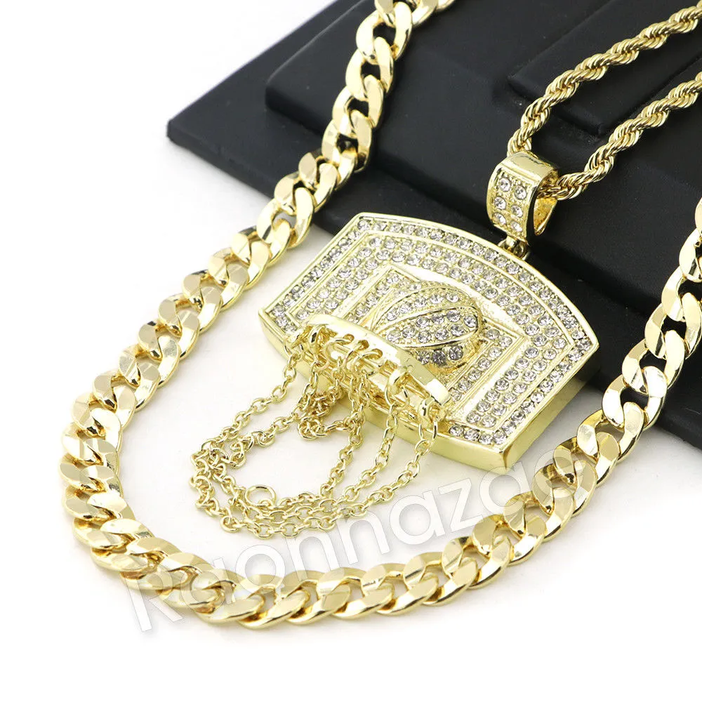 BIG BASKETBALL BACKBOARD ROPE CHAIN DIAMOND CUT CUBAN CHAIN NECKLACE G64