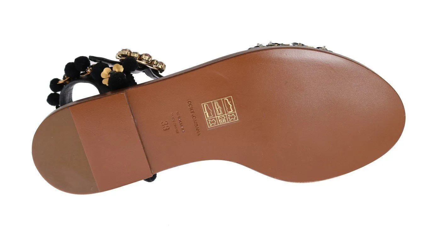 Black Leather PomPom Crystal Sandals