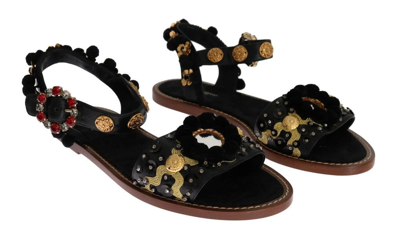 Black Leather PomPom Crystal Sandals