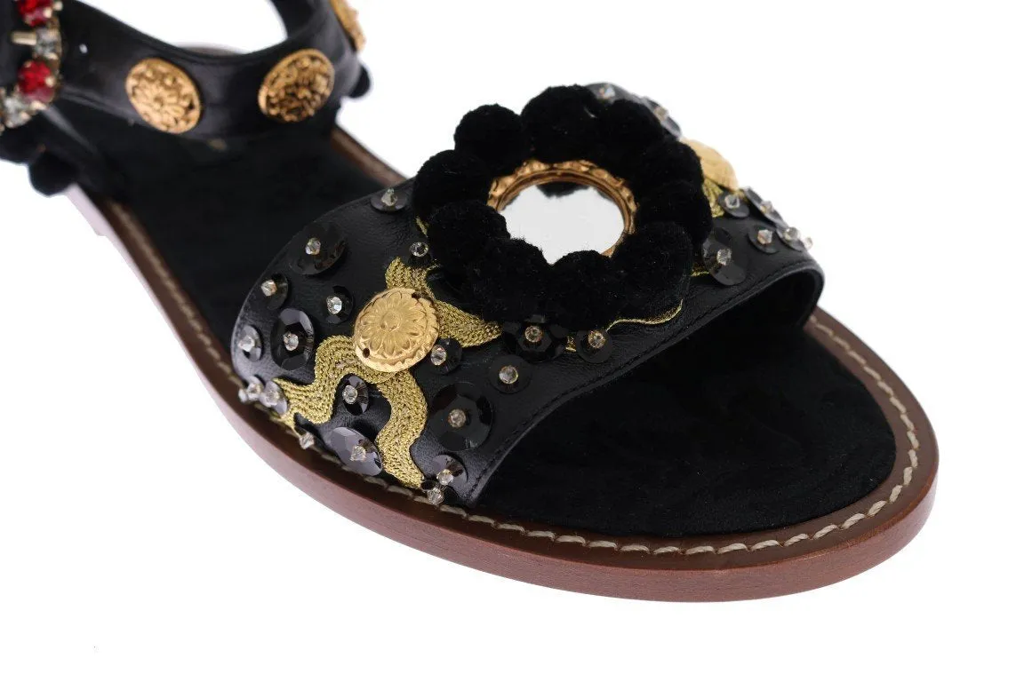 Black Leather PomPom Crystal Sandals