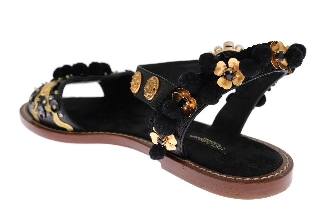 Black Leather PomPom Crystal Sandals