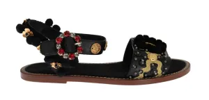 Black Leather PomPom Crystal Sandals