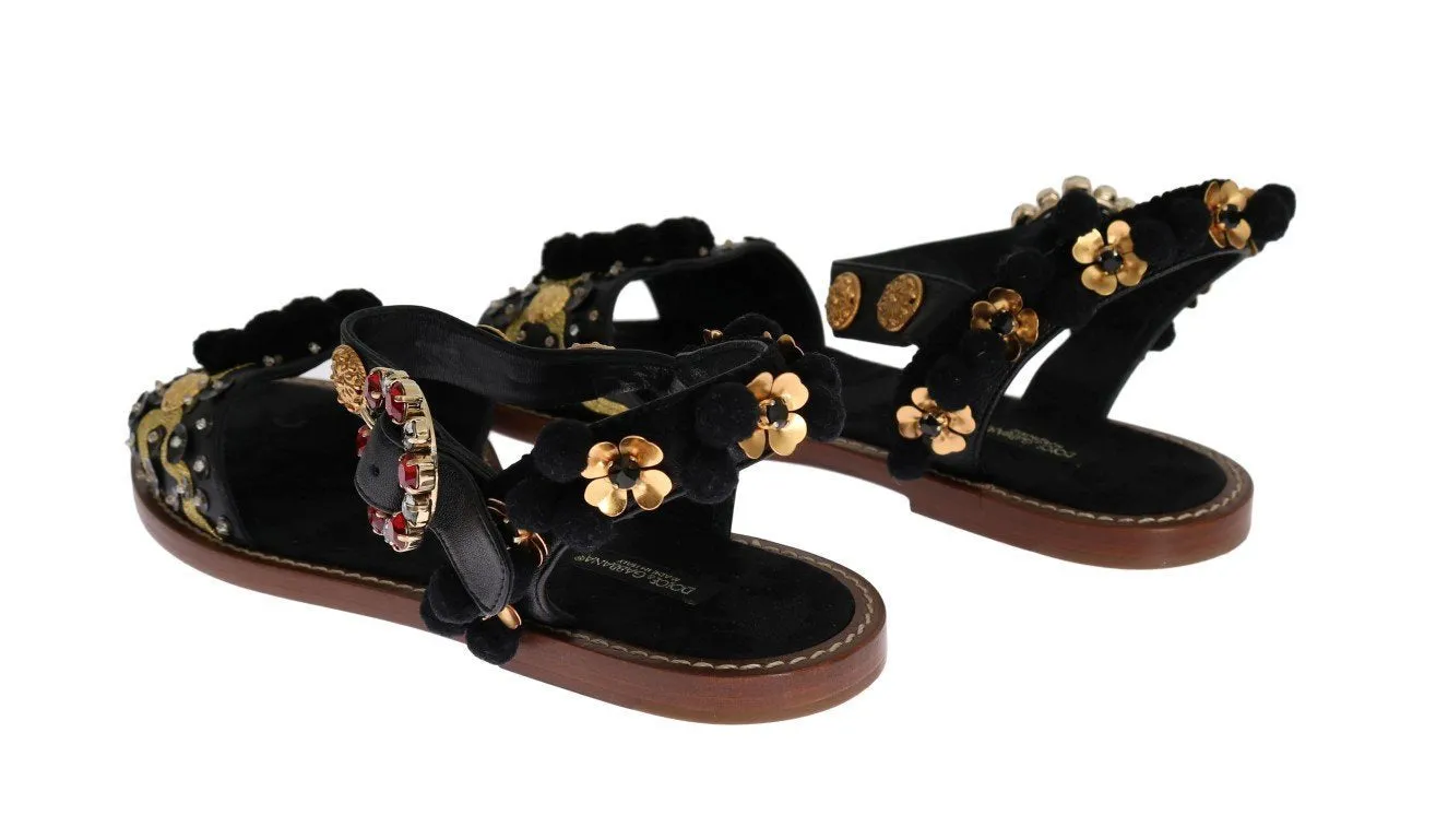 Black Leather PomPom Crystal Sandals