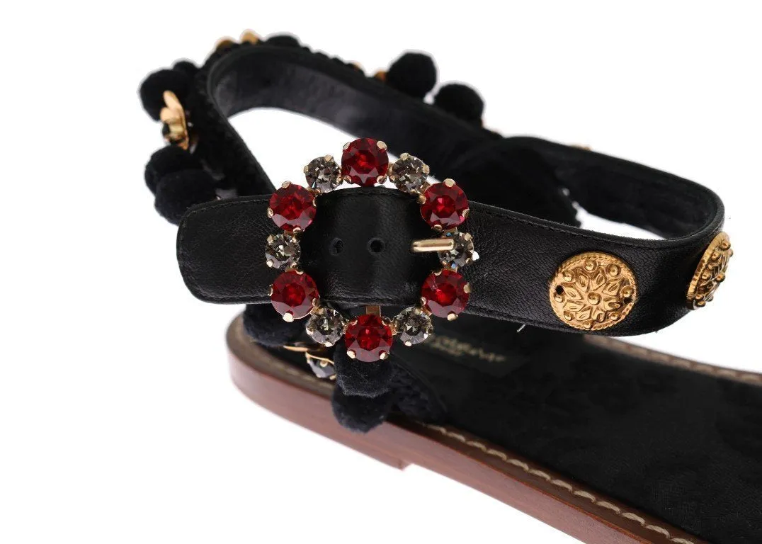 Black Leather PomPom Crystal Sandals