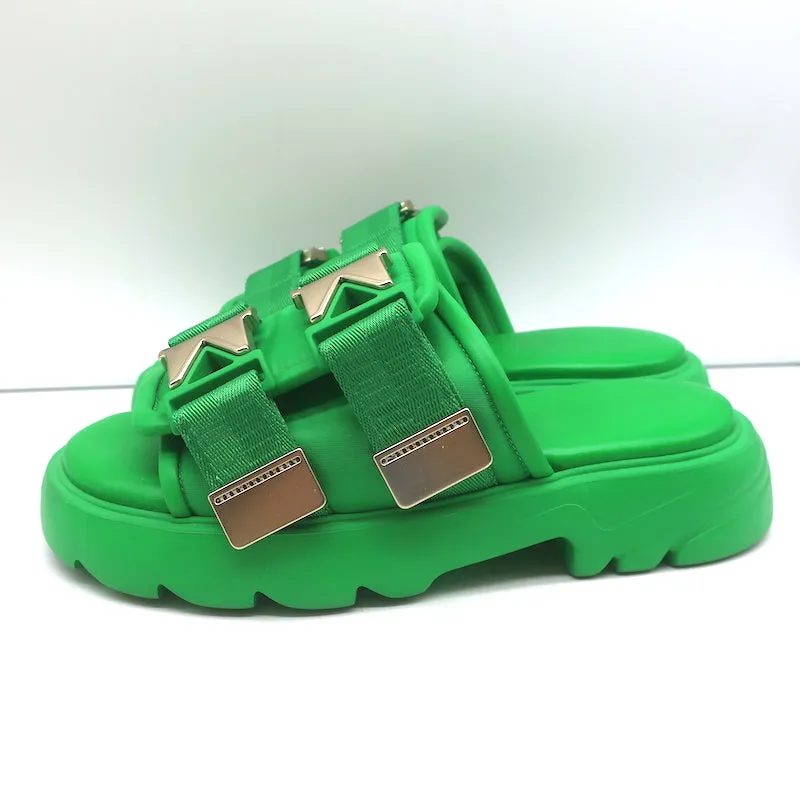 Bottega Veneta Flash Slide Sandals Green Leather-Trim Fabric Size 38
