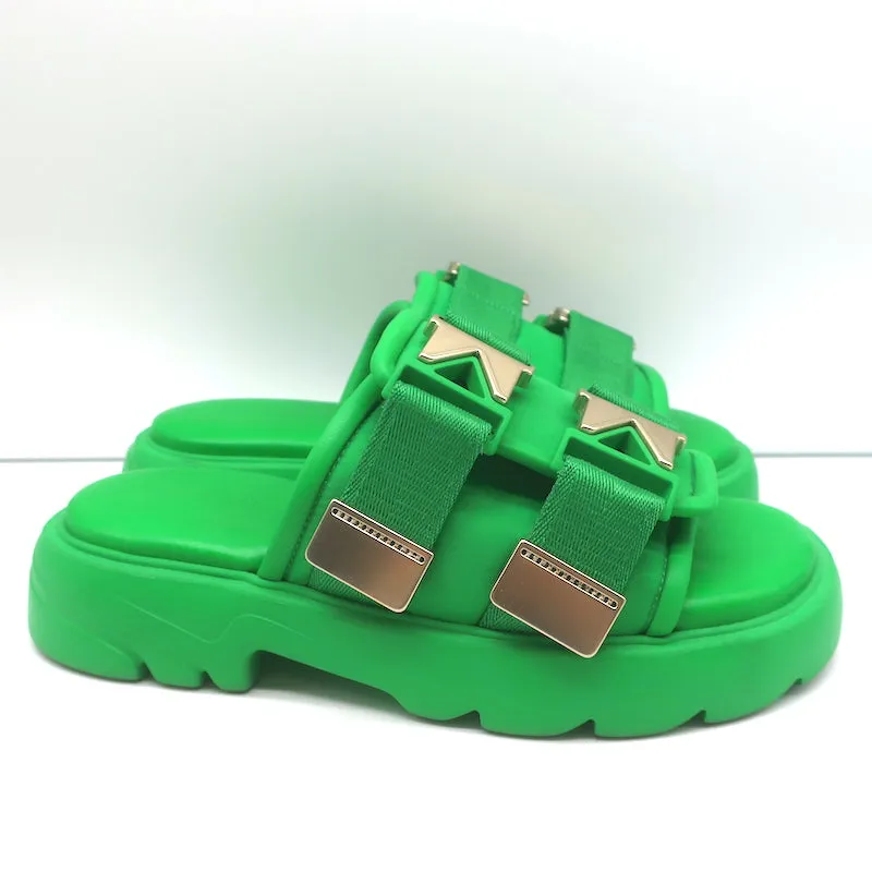 Bottega Veneta Flash Slide Sandals Green Leather-Trim Fabric Size 38