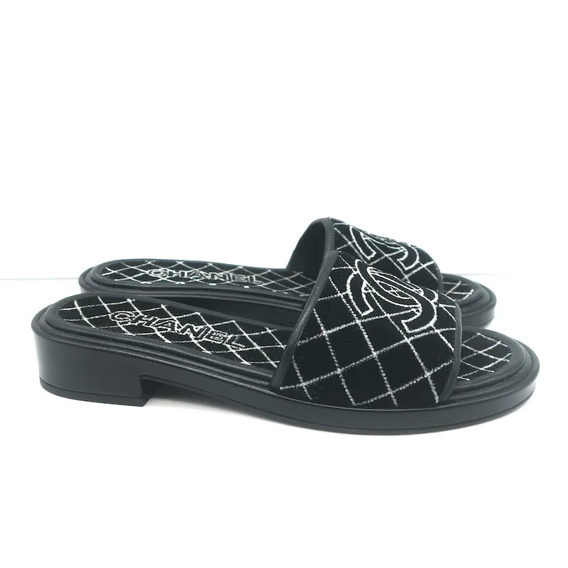Chanel CC Velvet Slide Sandals Black Size 38 NEW