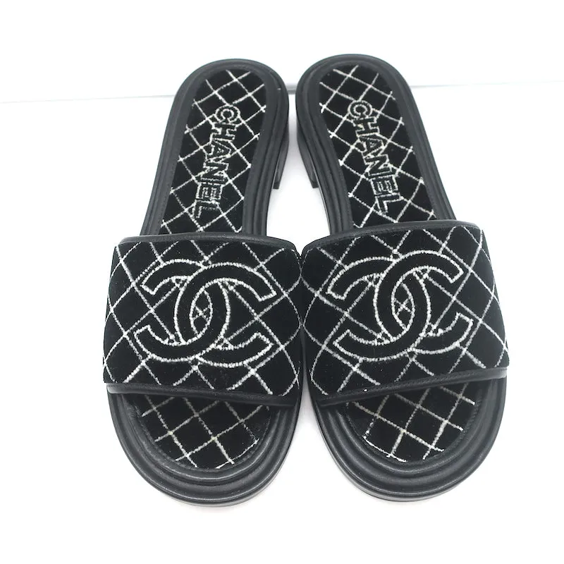 Chanel CC Velvet Slide Sandals Black Size 38 NEW