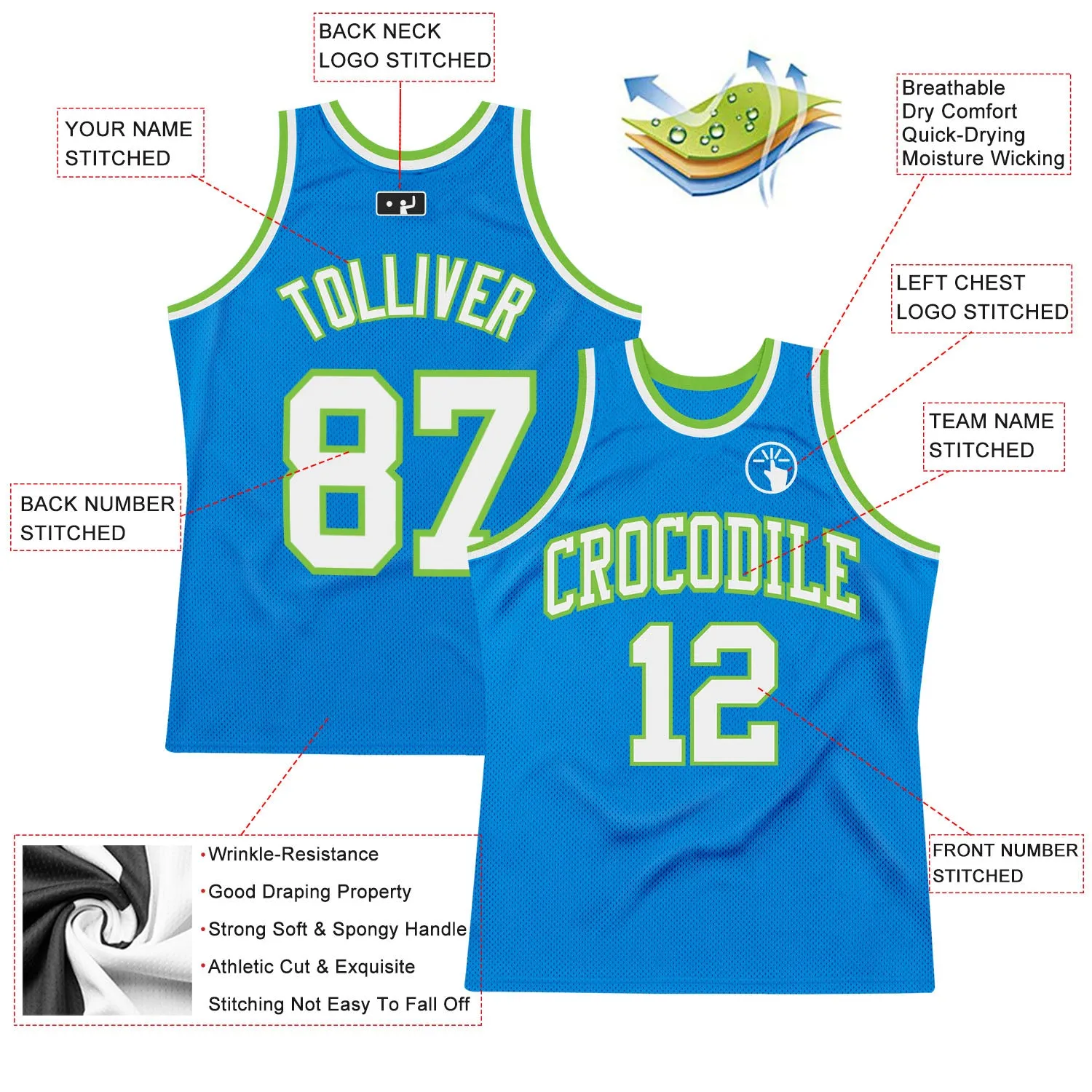 Custom Blue White-Neon Green Authentic Throwback Basketball Jersey