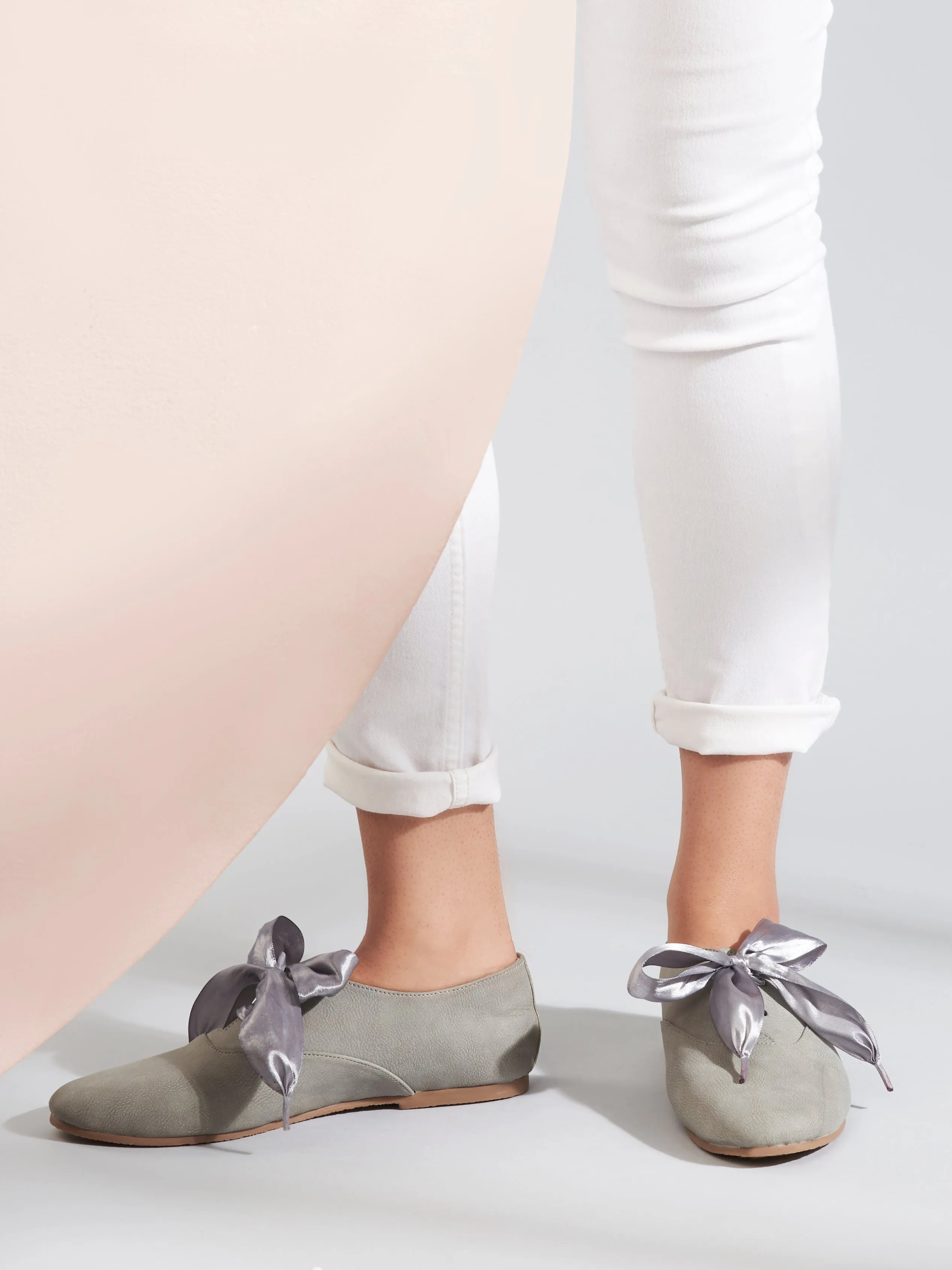 Freya Grey Derby Shoes With Bow Laces For Women