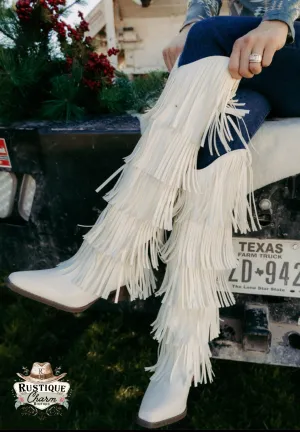 Frosted White Fringe Boots Cowgirl Style Festival Boots Country Western