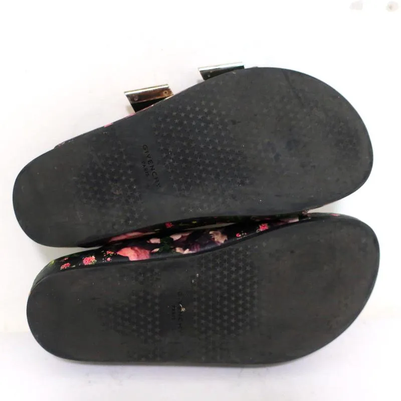 Givenchy Double-Buckle Slide Sandals Black Floral Print Leather Size 36