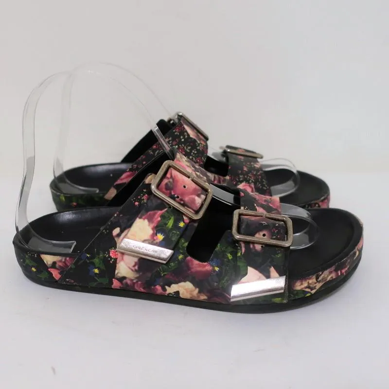 Givenchy Double-Buckle Slide Sandals Black Floral Print Leather Size 36
