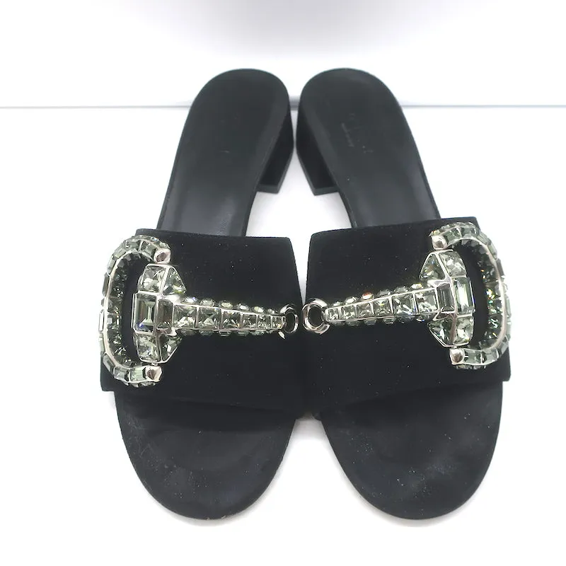 Gucci Maxime Crystal Horsebit Slide Sandals Black Suede Size 38