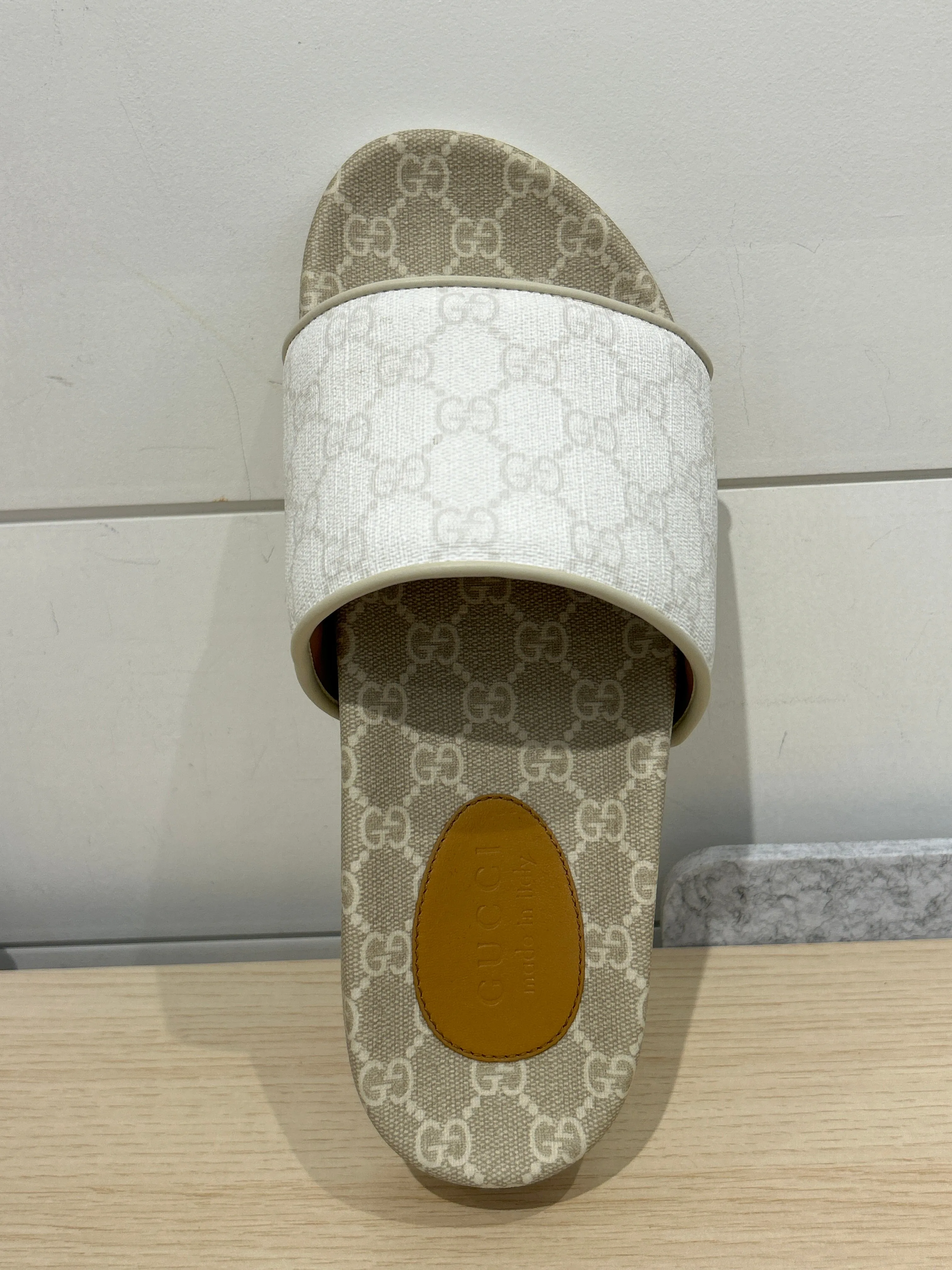 Gucci Shoes, White & Beige GG Slide Sandals (size 8)