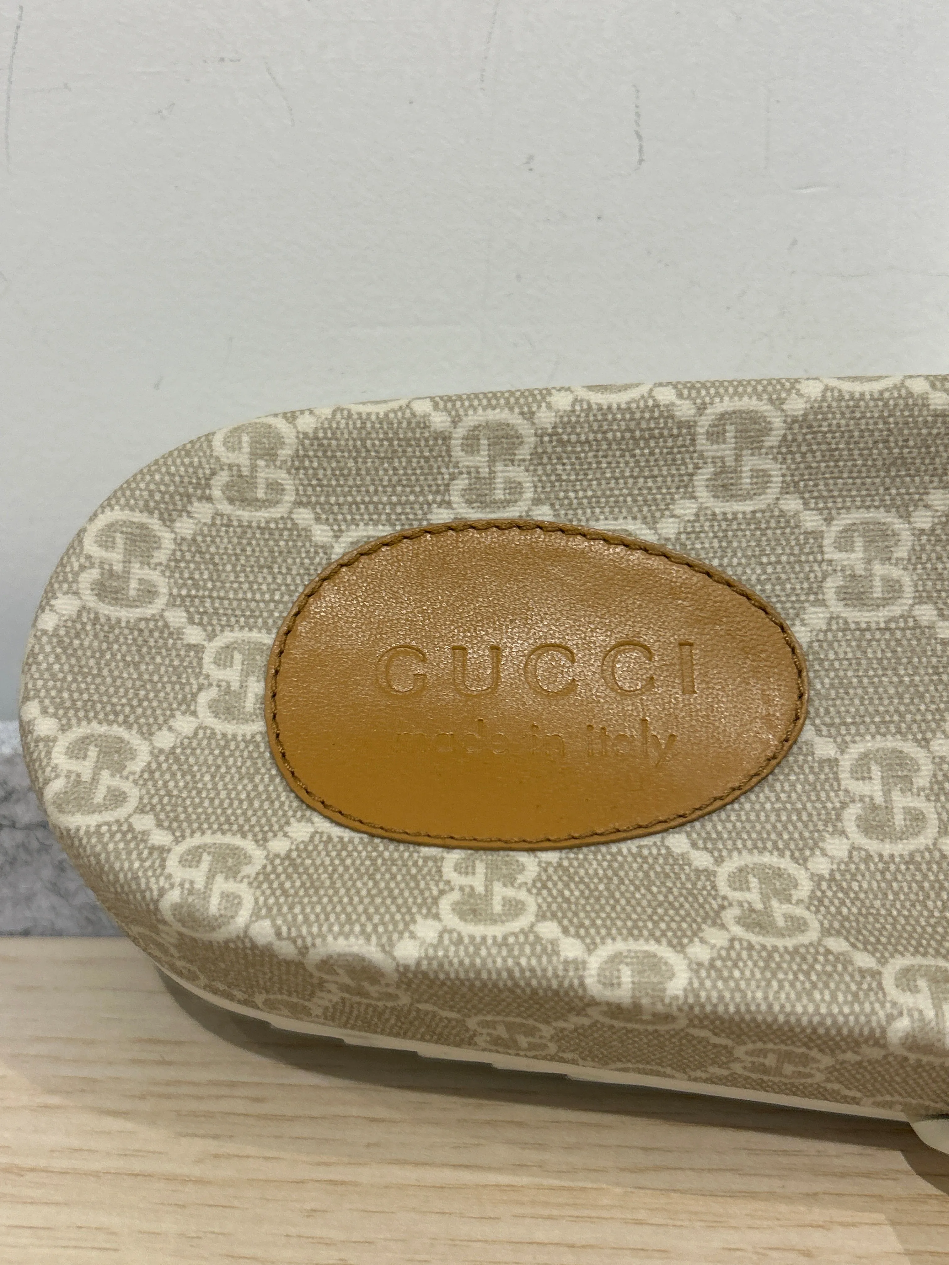 Gucci Shoes, White & Beige GG Slide Sandals (size 8)