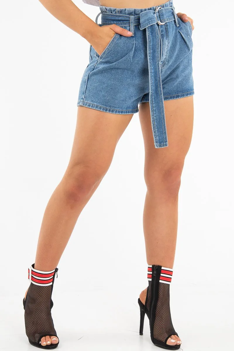 Light Wash D Ring Belted Paper Bag Denim Shorts - Katalia