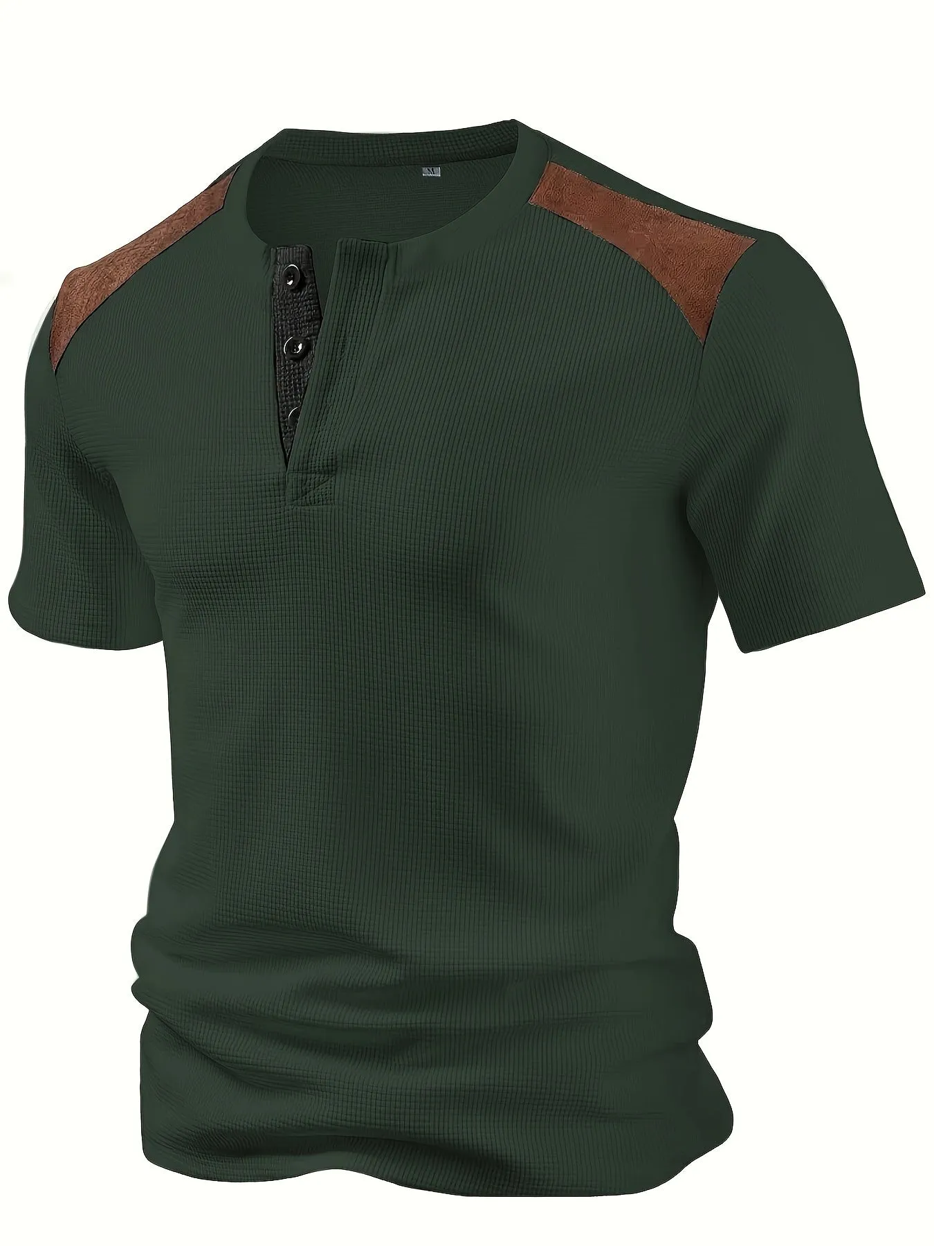 ManLuxe - Heren Korte Mouw Wafelgebreide Henley Shirt met Contrasterende Panelen