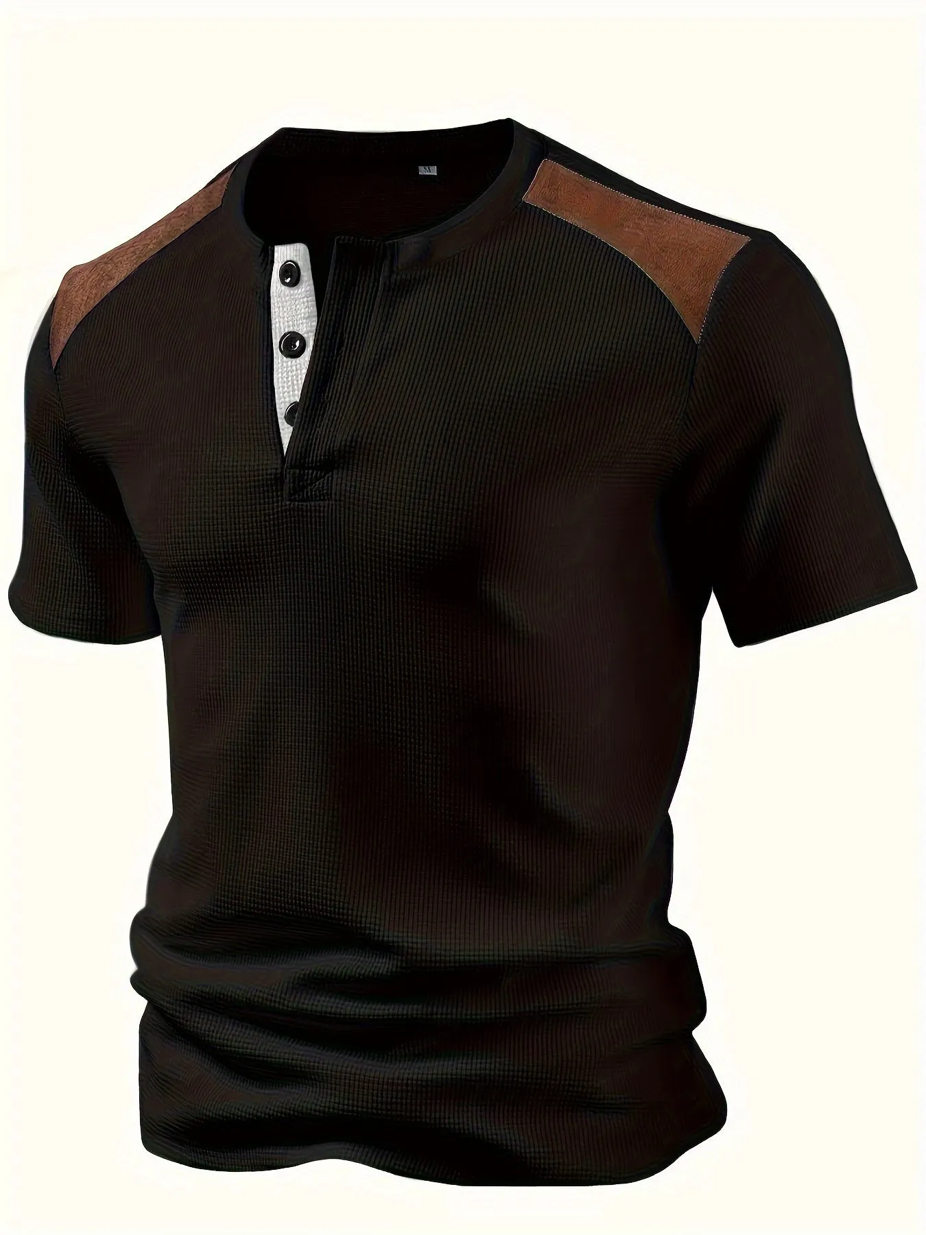 ManLuxe - Heren Korte Mouw Wafelgebreide Henley Shirt met Contrasterende Panelen