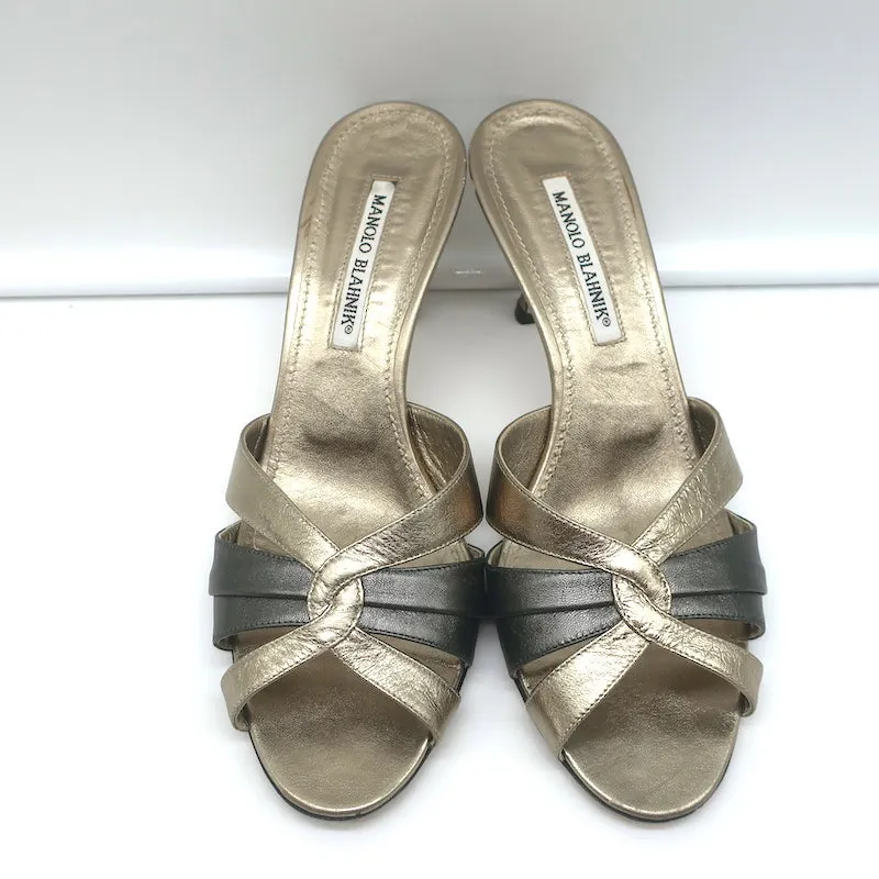 Manolo Blahnik Slide Sandals Gold/Gunmetal Bicolor Metallic Leather Size 38.5