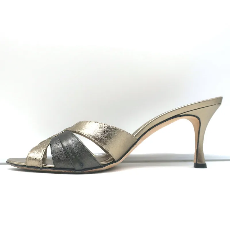Manolo Blahnik Slide Sandals Gold/Gunmetal Bicolor Metallic Leather Size 38.5