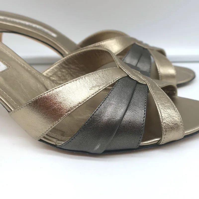 Manolo Blahnik Slide Sandals Gold/Gunmetal Bicolor Metallic Leather Size 38.5