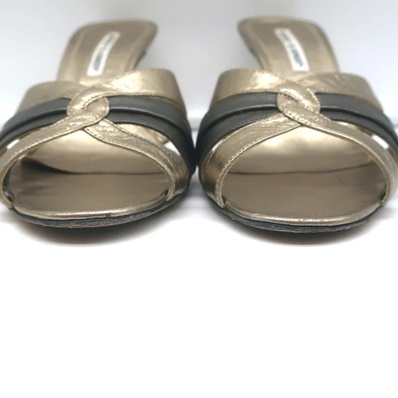 Manolo Blahnik Slide Sandals Gold/Gunmetal Bicolor Metallic Leather Size 38.5