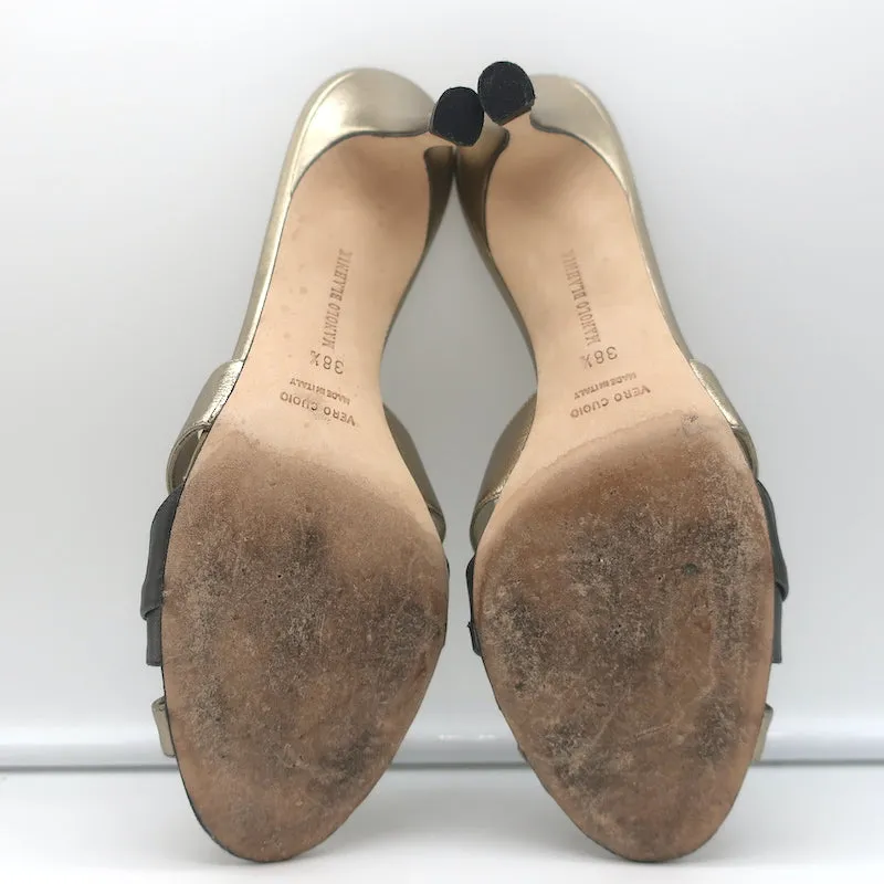 Manolo Blahnik Slide Sandals Gold/Gunmetal Bicolor Metallic Leather Size 38.5