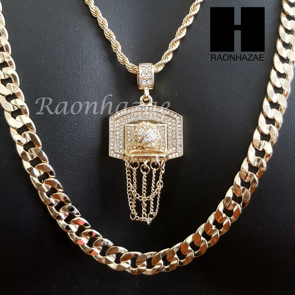 MEN GOLD BASKETBALL HOOP CHARM CUT 30" CUBAN LINK CHAIN NECKLACE S082G