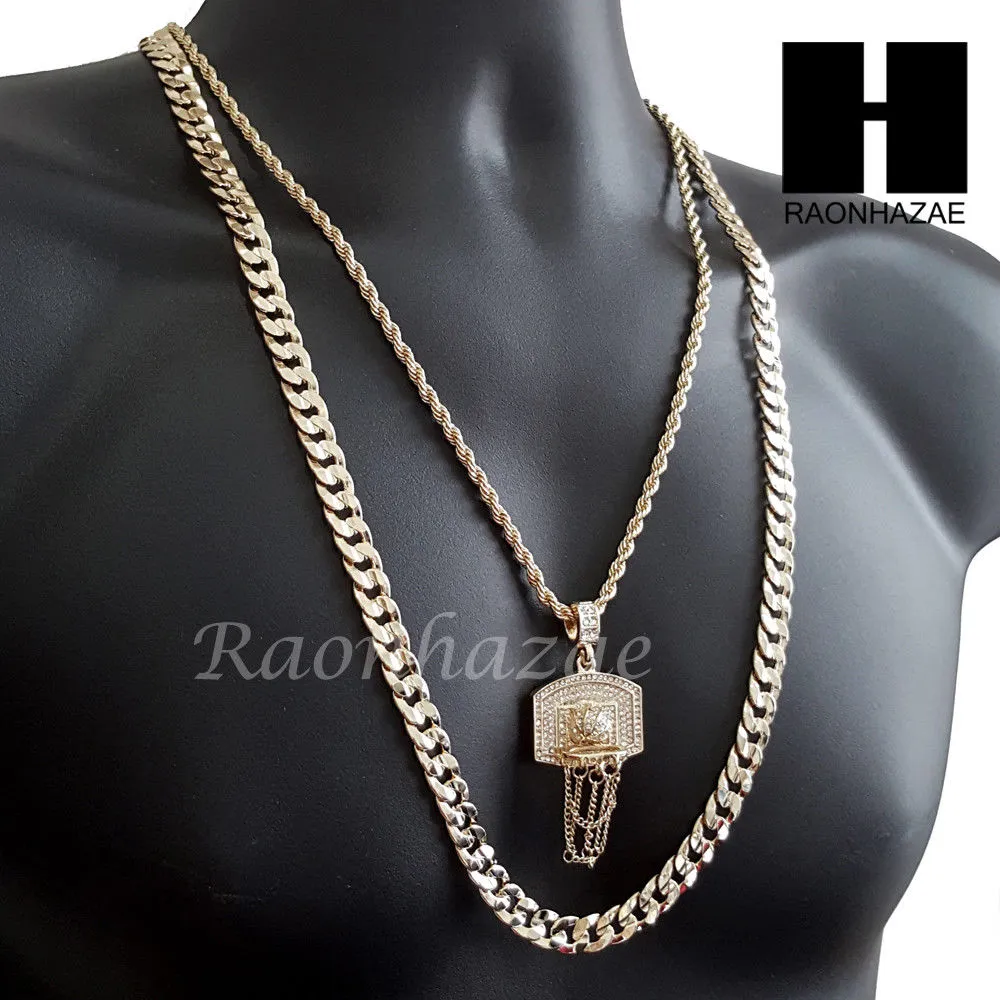 MEN GOLD BASKETBALL HOOP CHARM CUT 30" CUBAN LINK CHAIN NECKLACE S082G