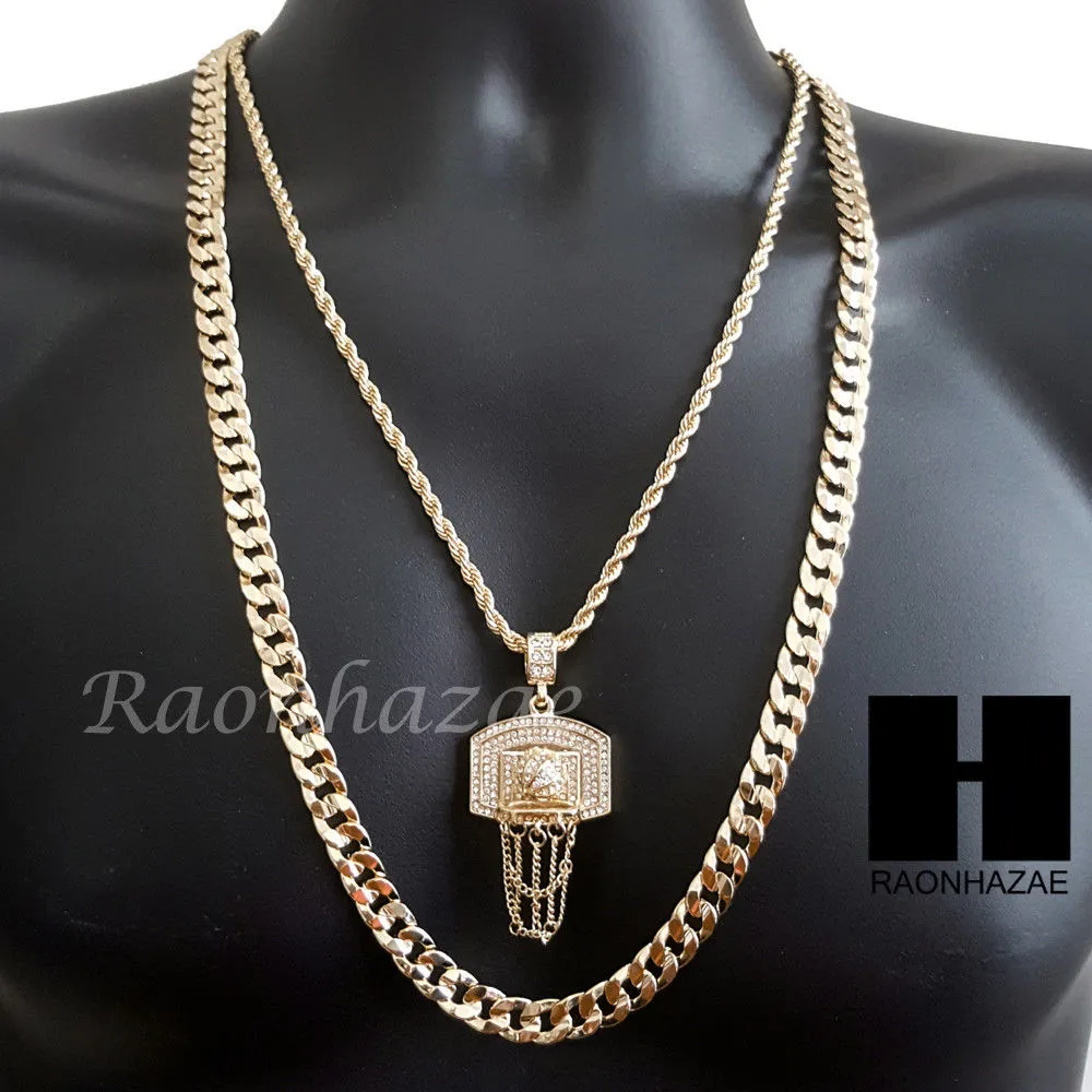 MEN GOLD BASKETBALL HOOP CHARM CUT 30" CUBAN LINK CHAIN NECKLACE S082G