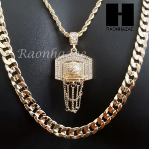 MEN GOLD BASKETBALL HOOP CHARM CUT 30" CUBAN LINK CHAIN NECKLACE S082G