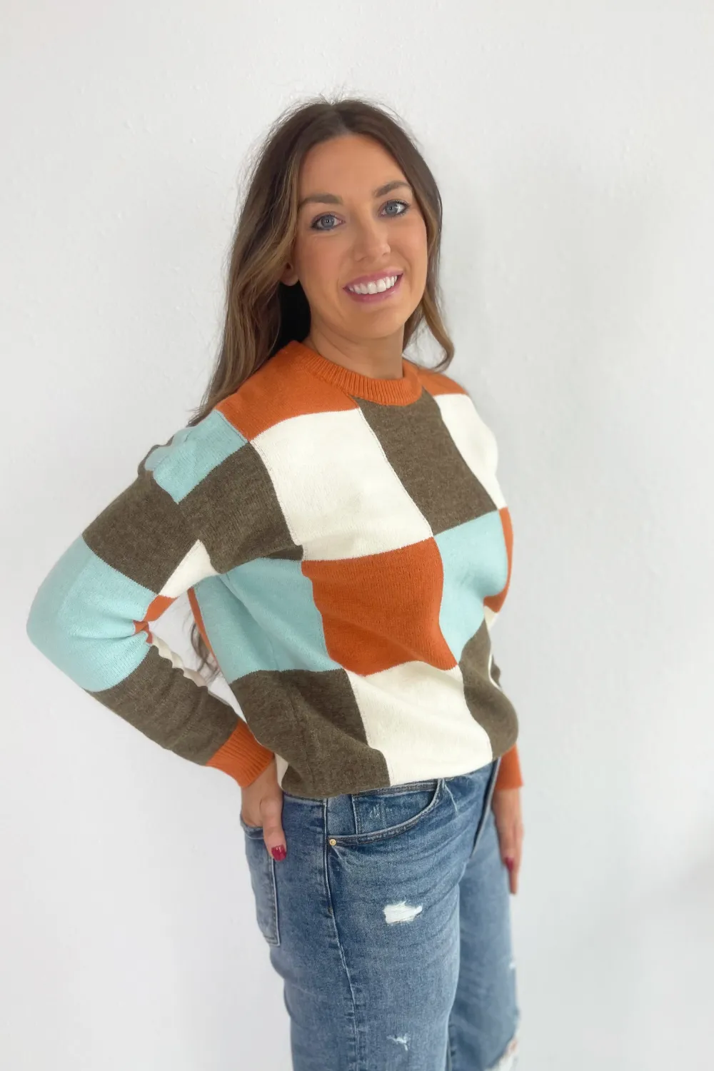 Multi Checker Long Sleeve Sweater