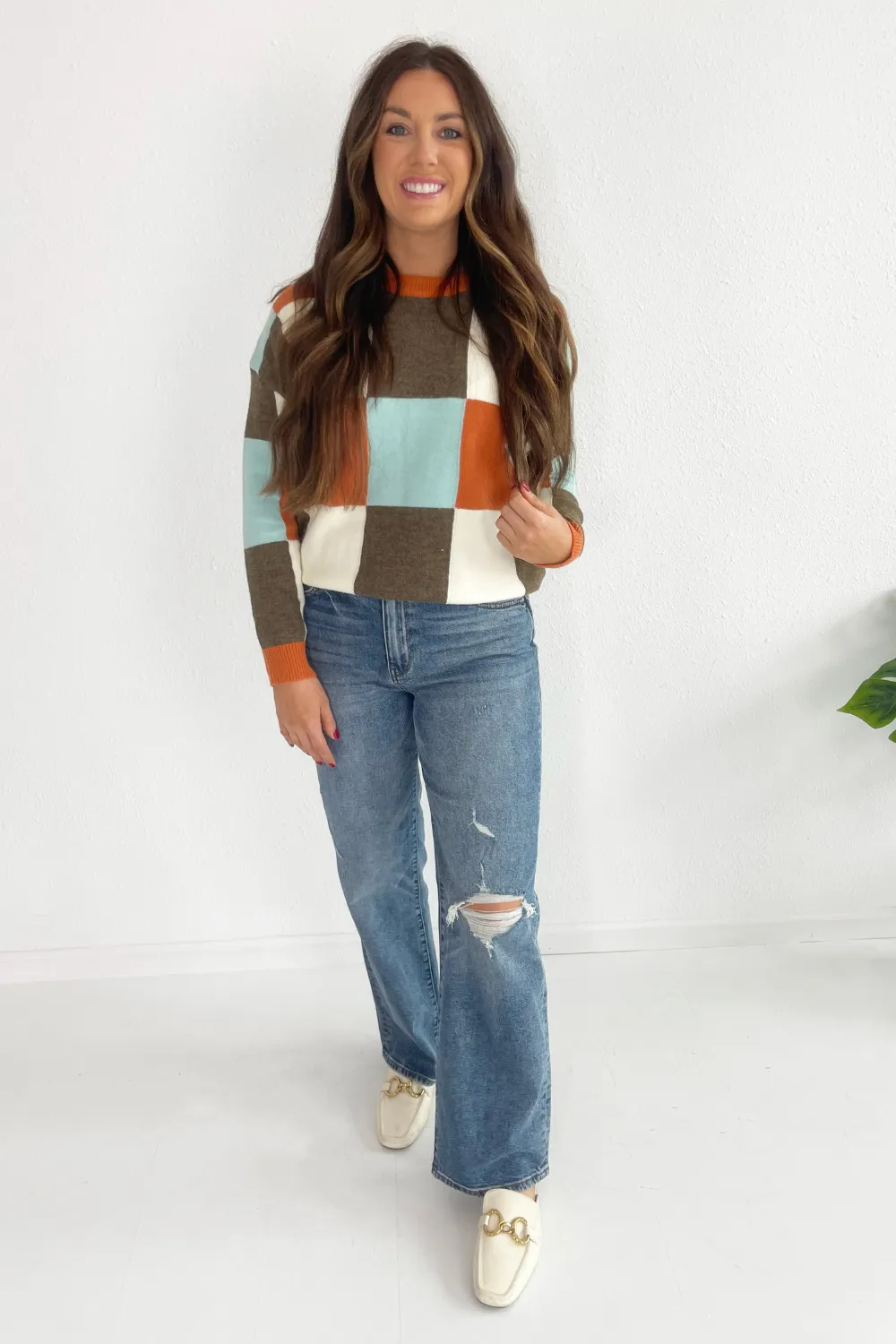 Multi Checker Long Sleeve Sweater