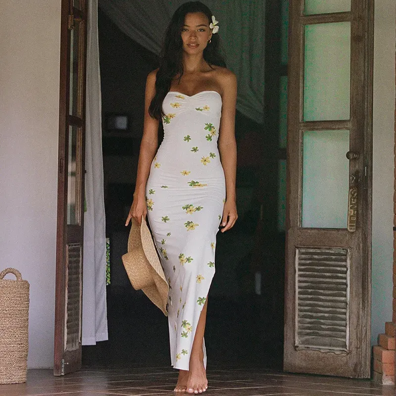 Nessa Strapless Floral Print Ruched Bodycon Maxi Dress