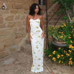 Nessa Strapless Floral Print Ruched Bodycon Maxi Dress