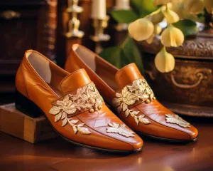 Tan Leather Embroidery Work Peshawari Loafers | Wedding Shoes for Groom | Shoes for Haldi Mehendi Sangeet