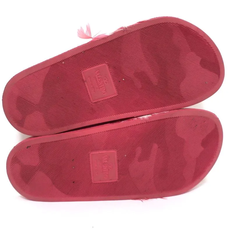 Valentino Feather Pool Slide Sandals Pink/White Size 37
