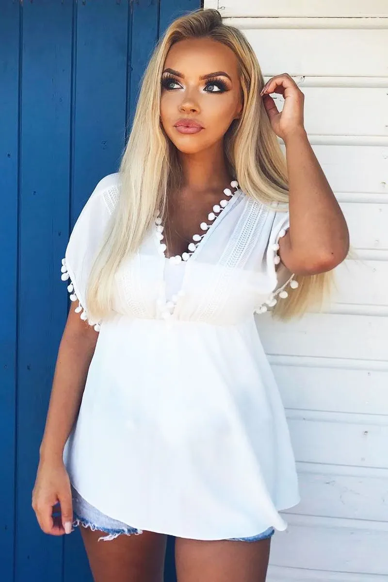 White Pom Pom Trim Plunge Top - Raaya