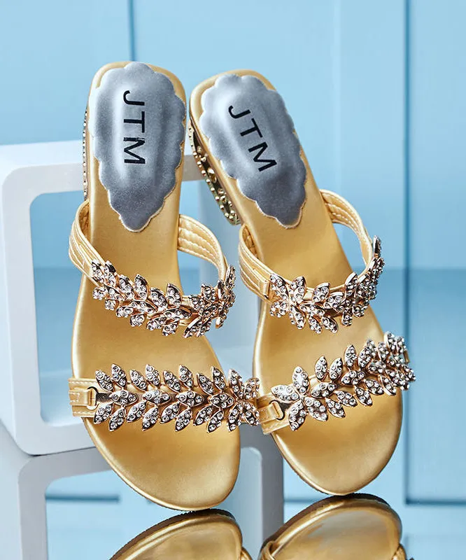 Women Splicing Chunky Gold Zircon Slide Sandals Peep Toe